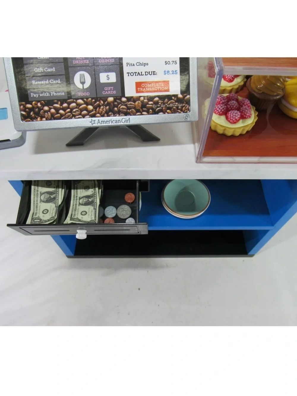 American Girl Local Bean Coffee Shop Play Counter with Yellow Espresso Machine